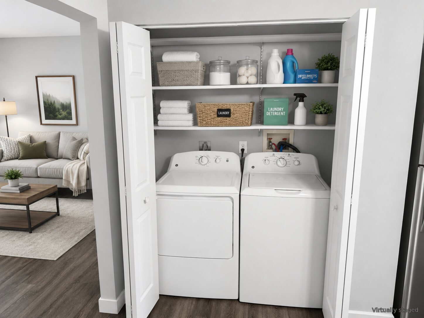 In-unit washer and dryer at The Grove apartments, virtually staged
