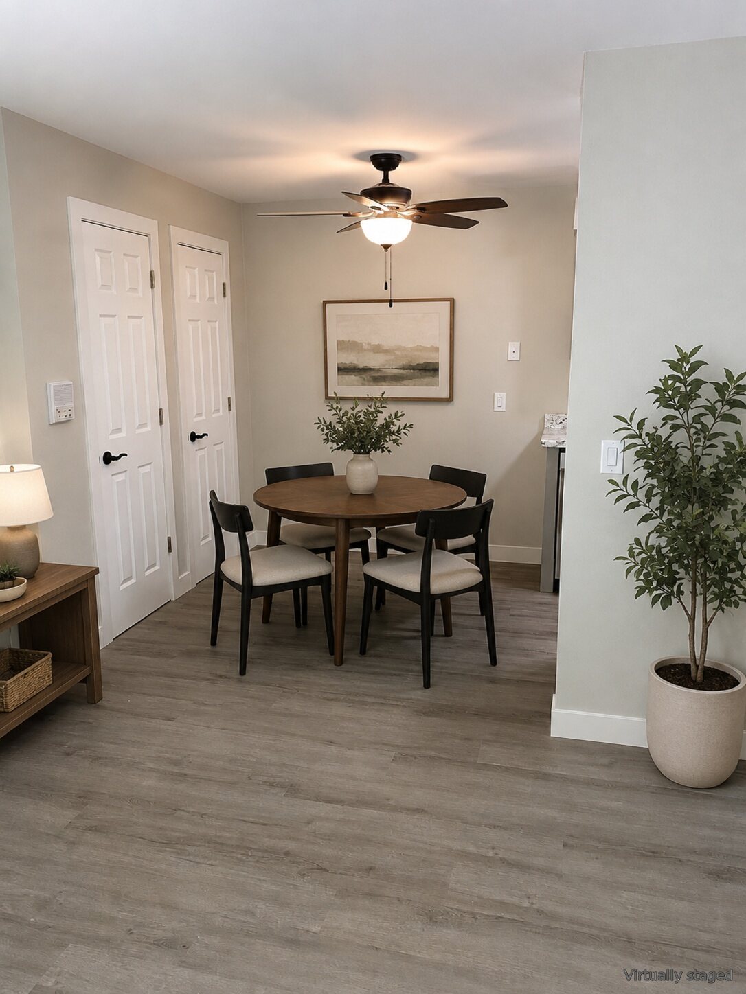 Dining area at The Trail apartments, virtually staged