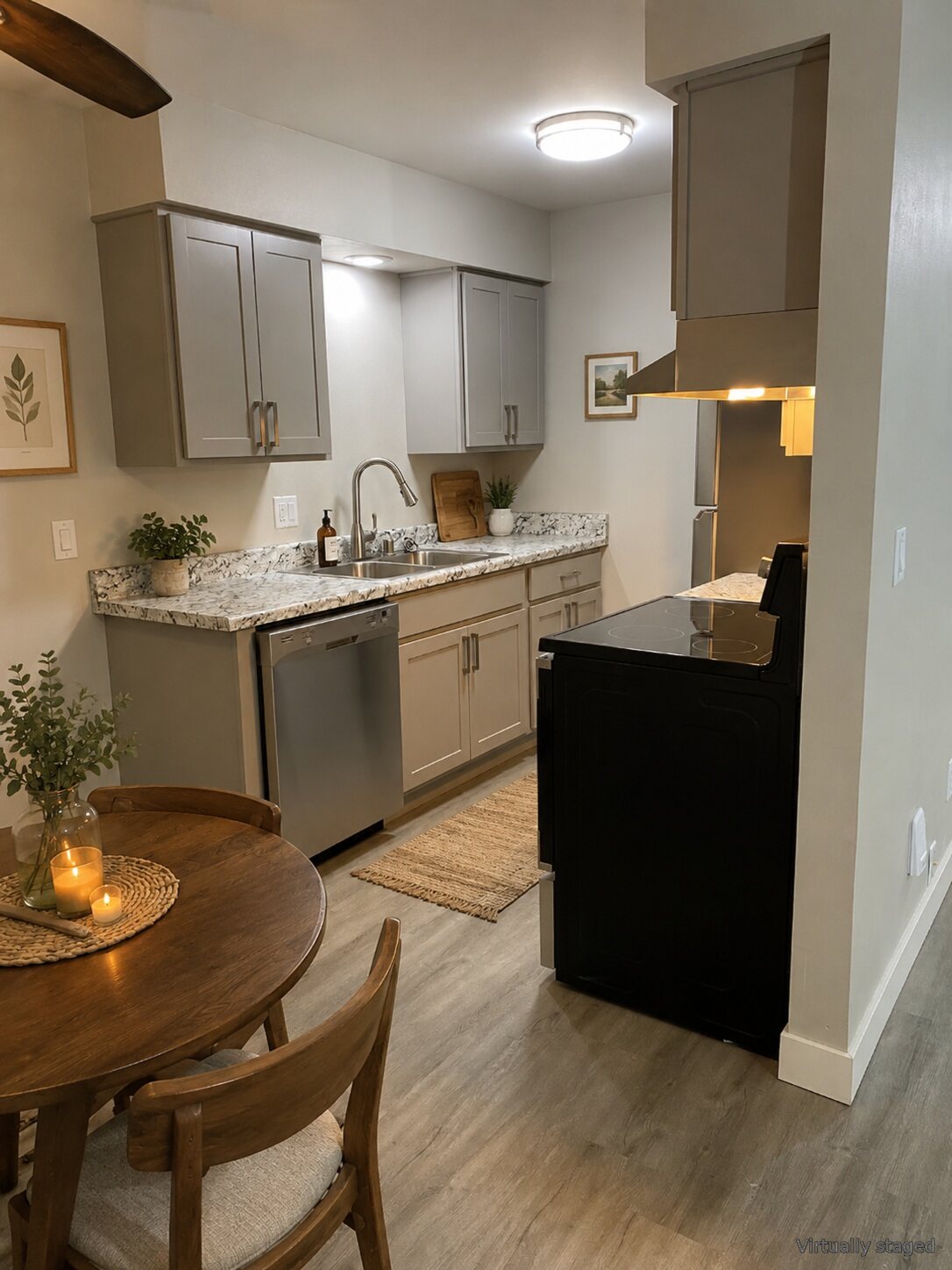 Kitchen and dining area at The Trail apartments, virtually staged