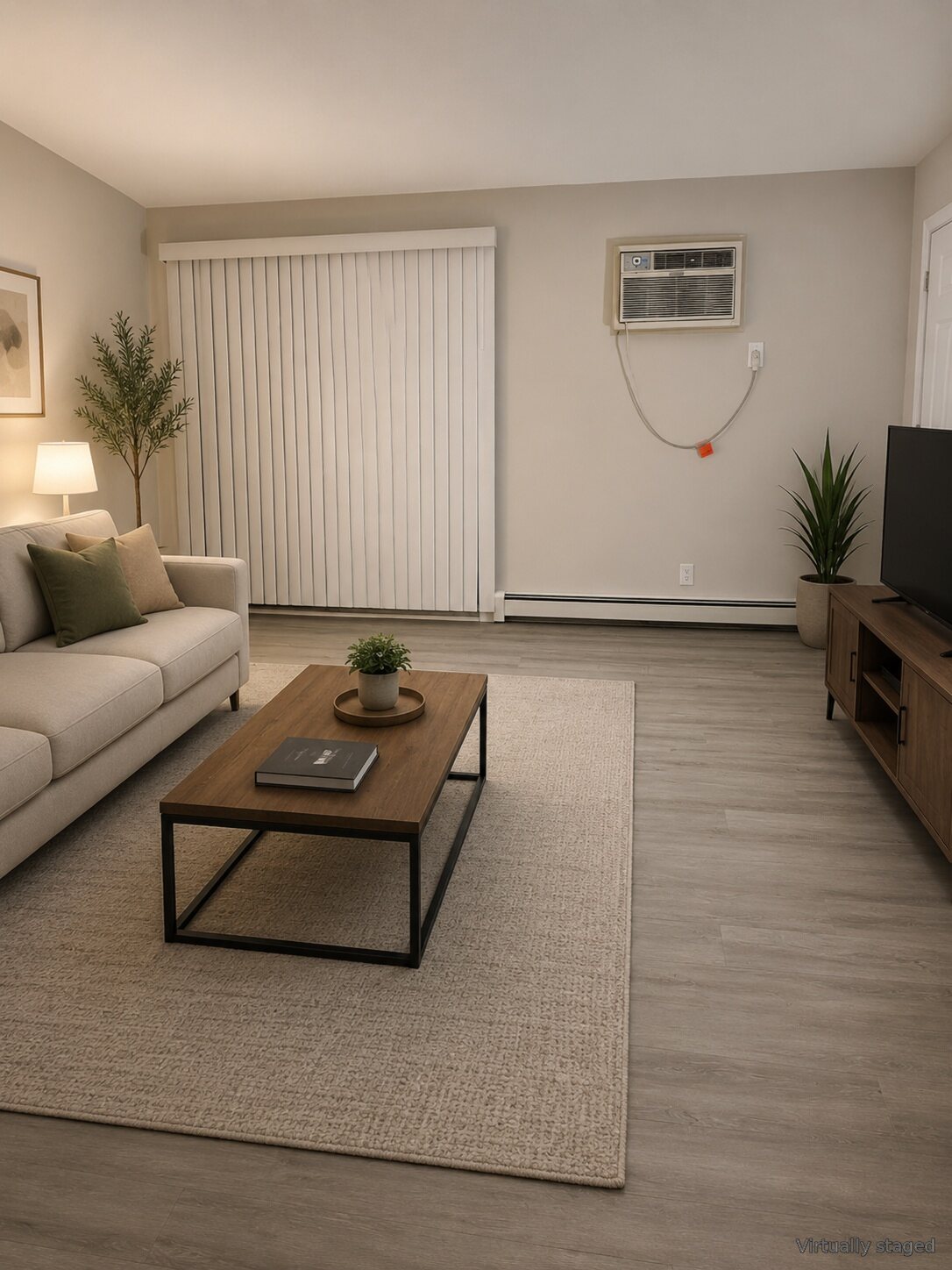 Living room and patio door at The Trail apartments, virtually staged