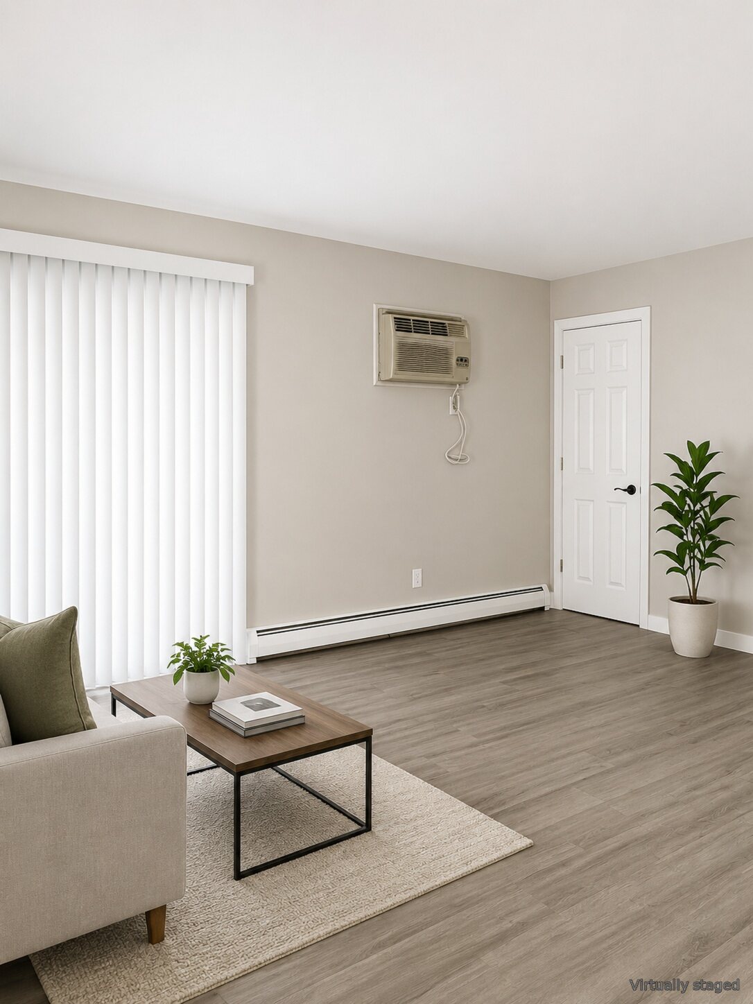 Living room at The Trail apartments, virtually staged